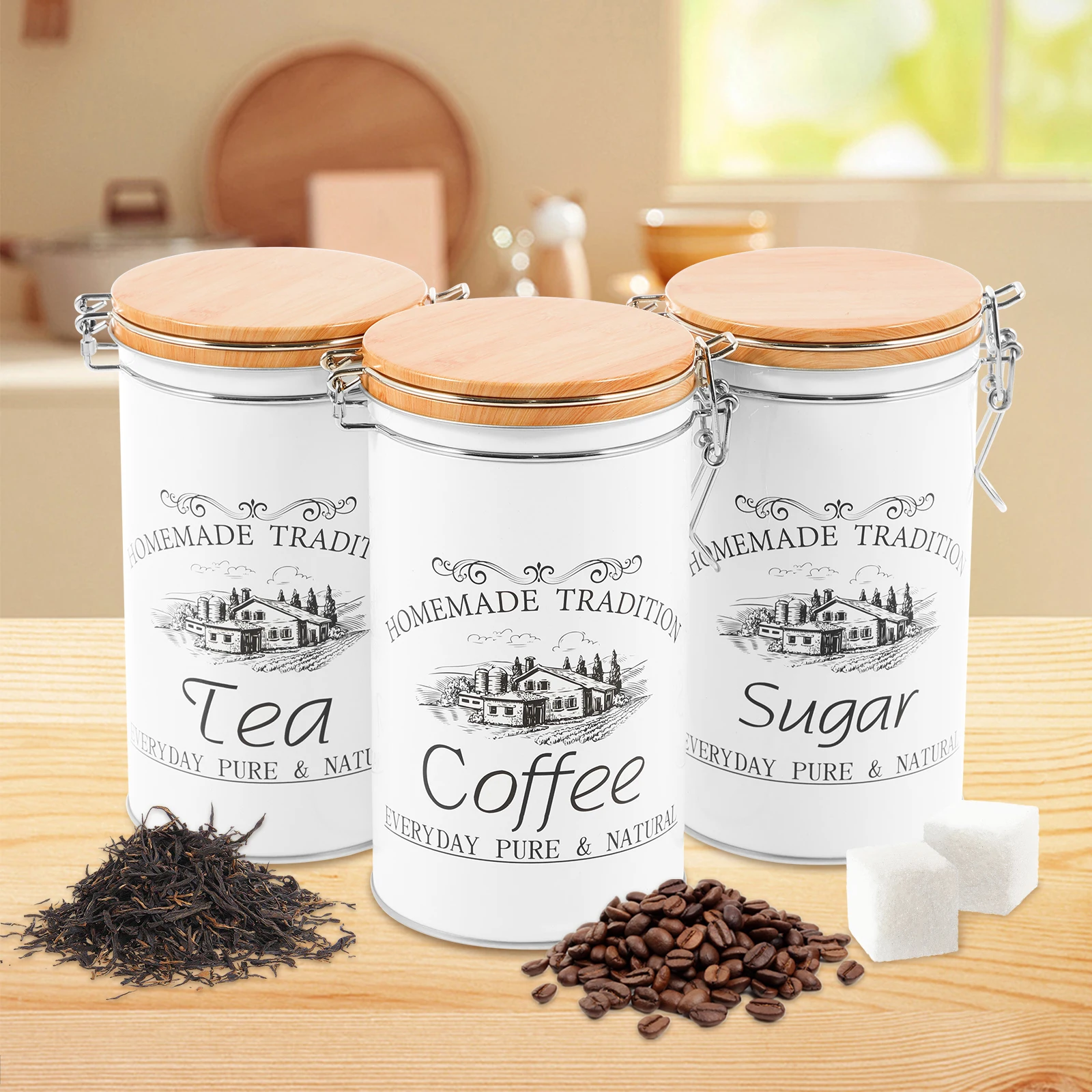 Coffee Tea Sugar Canisters - 3 adet/takım çay kahve şeker kutuları