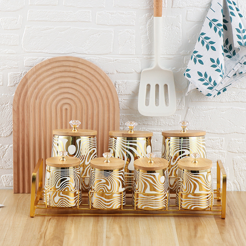 Coffee Tea Canister Set - 7'li Renk Sırlı Seramik Mutfak Teneke